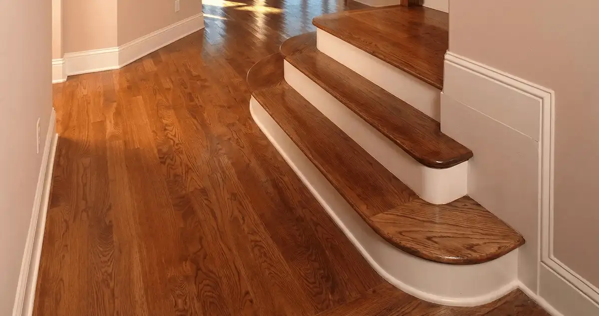 Base floor of a staircase with professionally restored wood flooring in Chula Vista CA