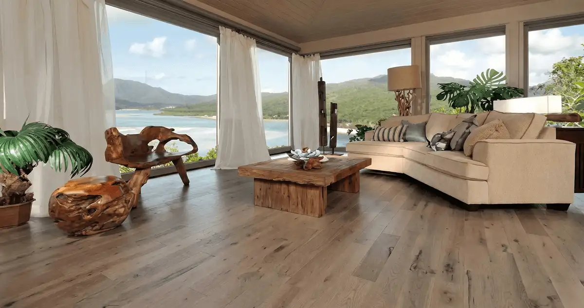 Professionally installed vinyl flooring in a modern living room with large windows in Chula Vista, CA